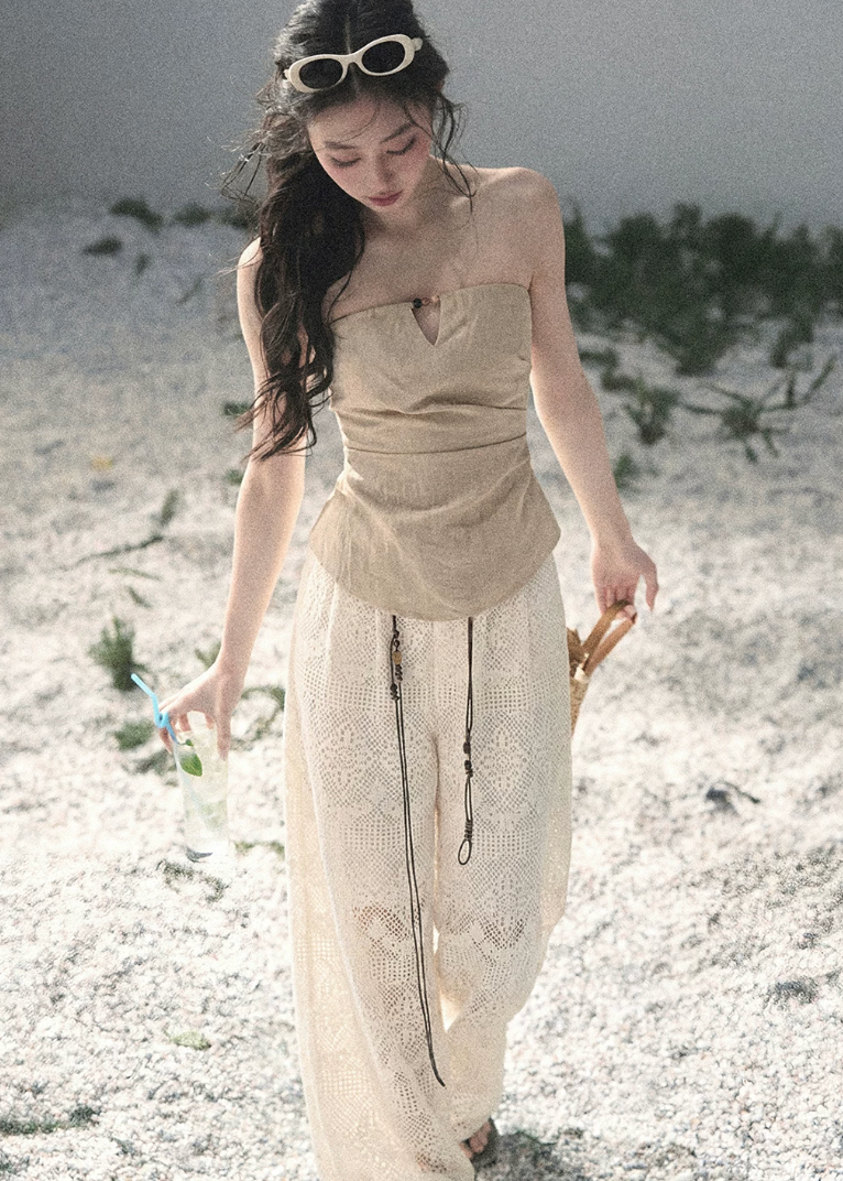 aomalm top, strapless top women, french strapless top, waist cinching top, beige bandeau top, draped summer top, feminine korean top, romantic summer blouse, sleeveless fitted top, tencel blend top, elegant going out top, summer date outfit top