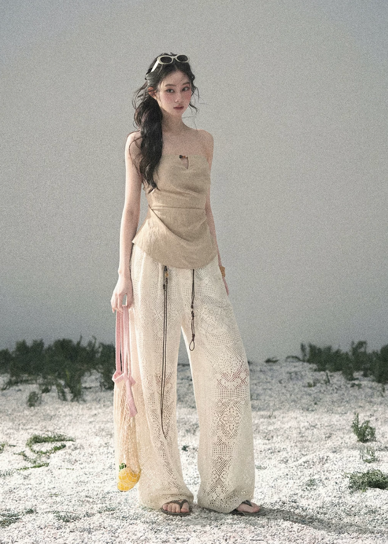 aomalm top, strapless top women, french strapless top, waist cinching top, beige bandeau top, draped summer top, feminine korean top, romantic summer blouse, sleeveless fitted top, tencel blend top, elegant going out top, summer date outfit top