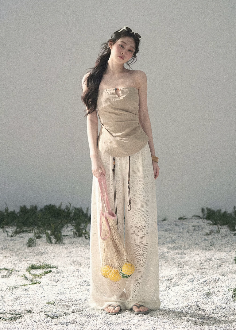 aomalm top, strapless top women, french strapless top, waist cinching top, beige bandeau top, draped summer top, feminine korean top, romantic summer blouse, sleeveless fitted top, tencel blend top, elegant going out top, summer date outfit top