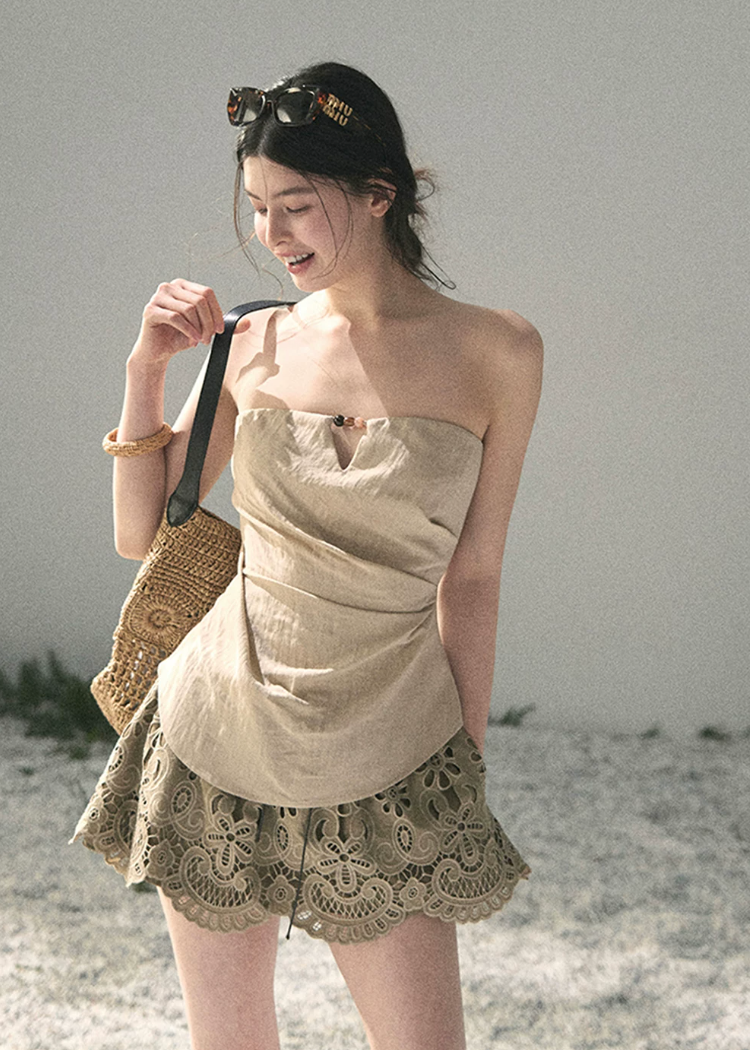 aomalm top, strapless top women, french strapless top, waist cinching top, beige bandeau top, draped summer top, feminine korean top, romantic summer blouse, sleeveless fitted top, tencel blend top, elegant going out top, summer date outfit top