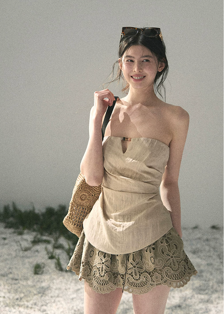 aomalm top, strapless top women, french strapless top, waist cinching top, beige bandeau top, draped summer top, feminine korean top, romantic summer blouse, sleeveless fitted top, tencel blend top, elegant going out top, summer date outfit top