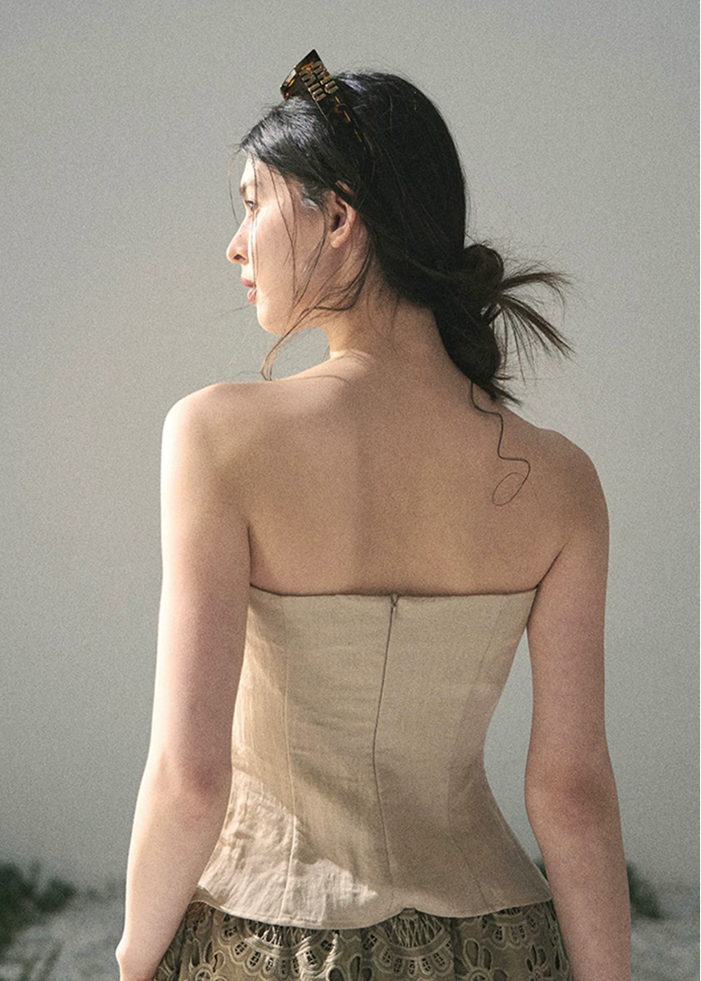 aomalm top, strapless top women, french strapless top, waist cinching top, beige bandeau top, draped summer top, feminine korean top, romantic summer blouse, sleeveless fitted top, tencel blend top, elegant going out top, summer date outfit top