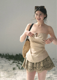 aomalm top, strapless top women, french strapless top, waist cinching top, beige bandeau top, draped summer top, feminine korean top, romantic summer blouse, sleeveless fitted top, tencel blend top, elegant going out top, summer date outfit top