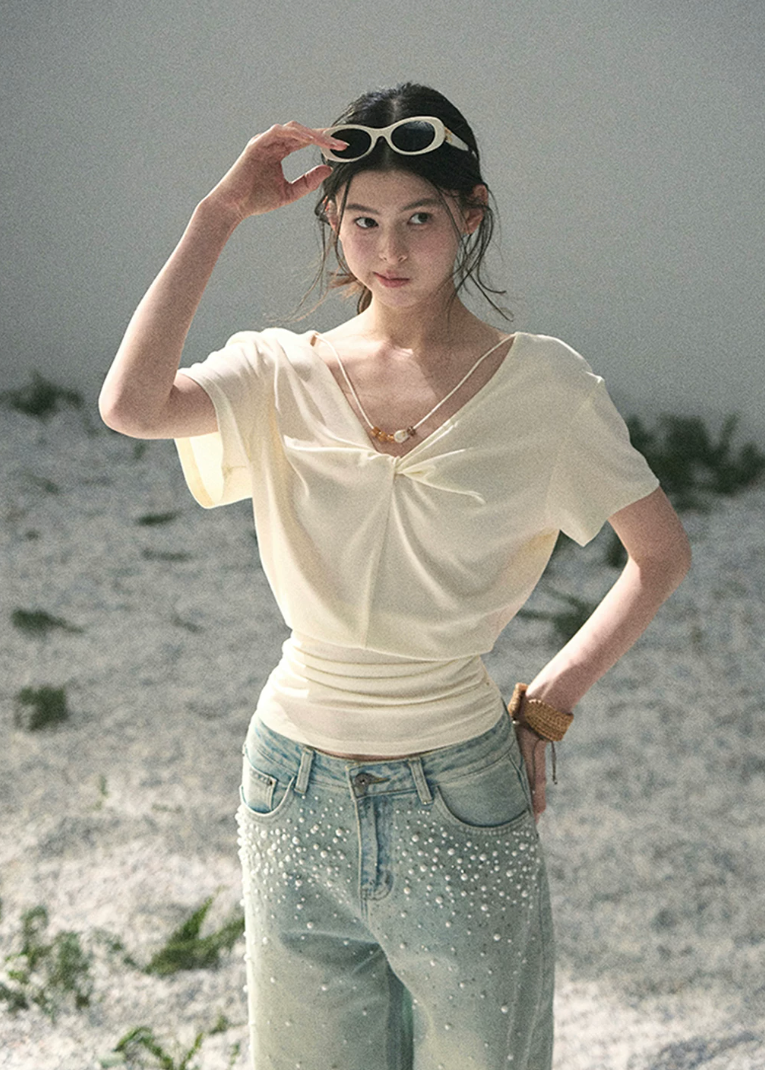aomalm top, white v neck top, twist front top, korean fashion top, waist cinched top, feminine summer blouse, lyocell top women, soft commuter top, elegant casual top, white short sleeve top, korean style daily top, flattering summer top