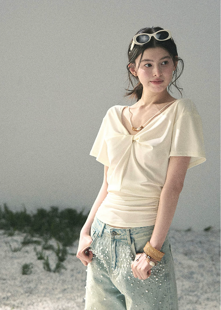 aomalm top, white v neck top, twist front top, korean fashion top, waist cinched top, feminine summer blouse, lyocell top women, soft commuter top, elegant casual top, white short sleeve top, korean style daily top, flattering summer top