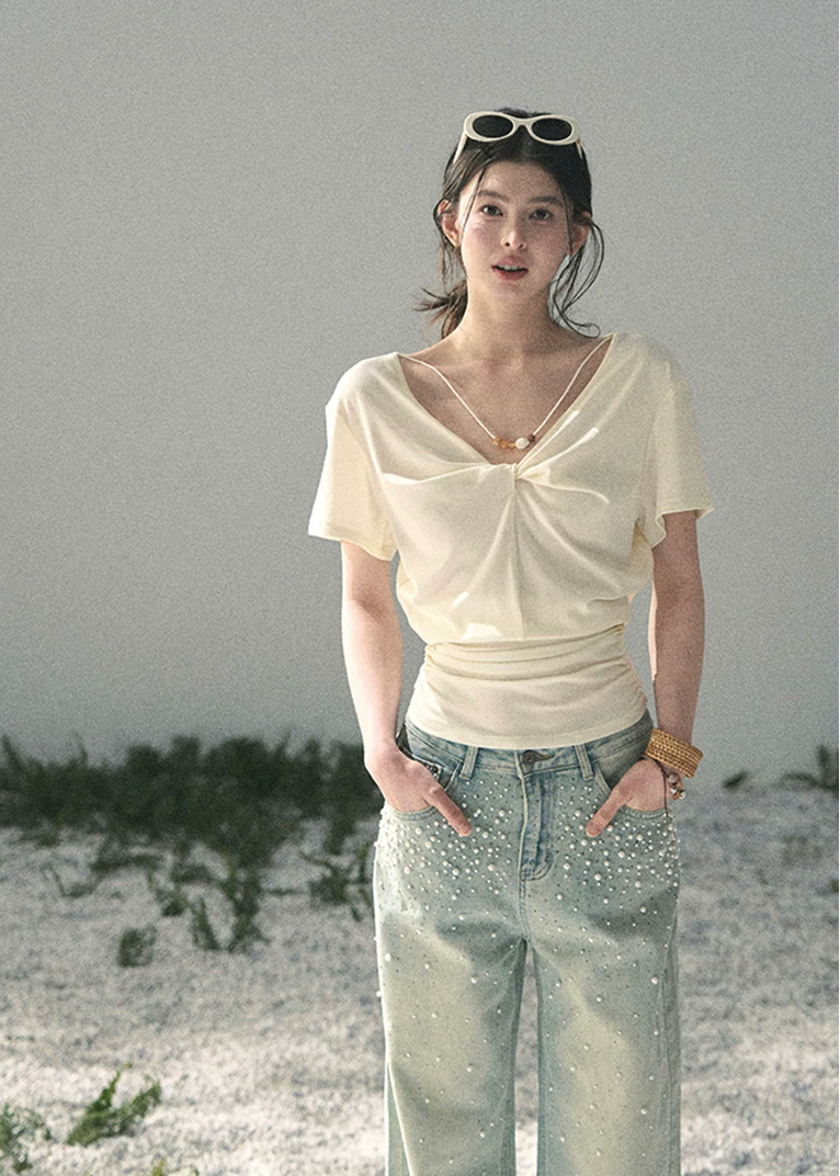 aomalm top, white v neck top, twist front top, korean fashion top, waist cinched top, feminine summer blouse, lyocell top women, soft commuter top, elegant casual top, white short sleeve top, korean style daily top, flattering summer top
