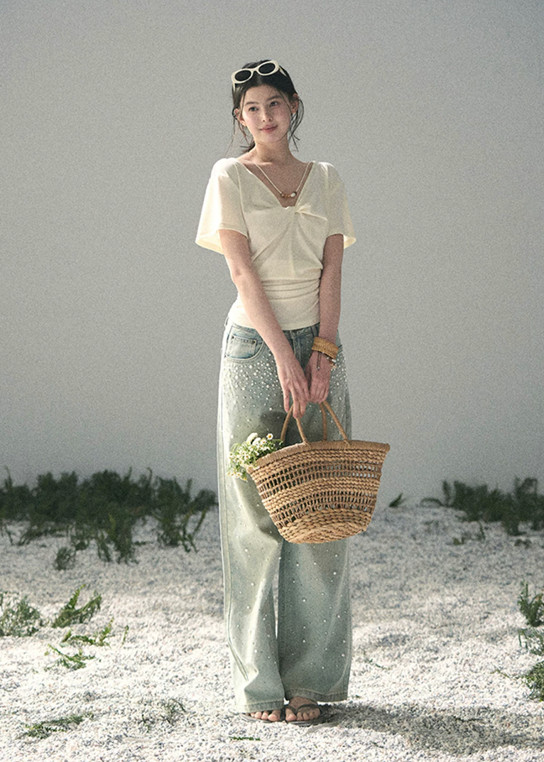 aomalm top, white v neck top, twist front top, korean fashion top, waist cinched top, feminine summer blouse, lyocell top women, soft commuter top, elegant casual top, white short sleeve top, korean style daily top, flattering summer top