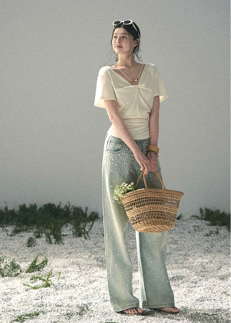 aomalm top, white v neck top, twist front top, korean fashion top, waist cinched top, feminine summer blouse, lyocell top women, soft commuter top, elegant casual top, white short sleeve top, korean style daily top, flattering summer top