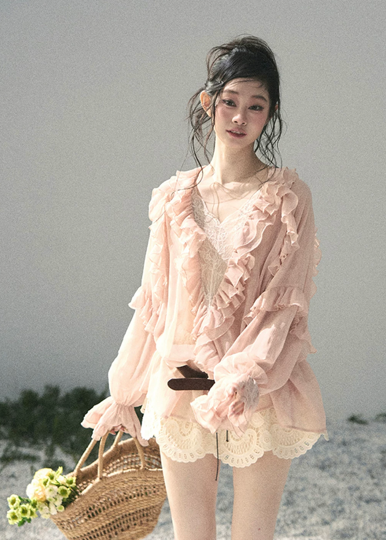 aomalm blouse, ruffle chiffon blouse, feminine korean top, french romantic blouse, pink lace blouse, sheer summer blouse, soft girl chiffon top, korean fashion blouse, sweet ruffle top, airy summer shirt, romantic vacation top, delicate lace blouse