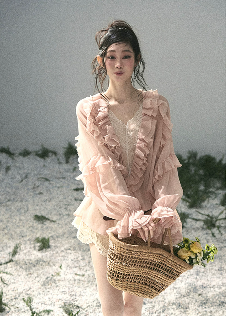 aomalm blouse, ruffle chiffon blouse, feminine korean top, french romantic blouse, pink lace blouse, sheer summer blouse, soft girl chiffon top, korean fashion blouse, sweet ruffle top, airy summer shirt, romantic vacation top, delicate lace blouse