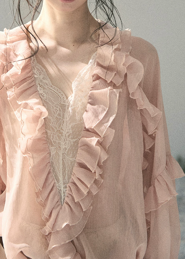 aomalm blouse, ruffle chiffon blouse, feminine korean top, french romantic blouse, pink lace blouse, sheer summer blouse, soft girl chiffon top, korean fashion blouse, sweet ruffle top, airy summer shirt, romantic vacation top, delicate lace blouse