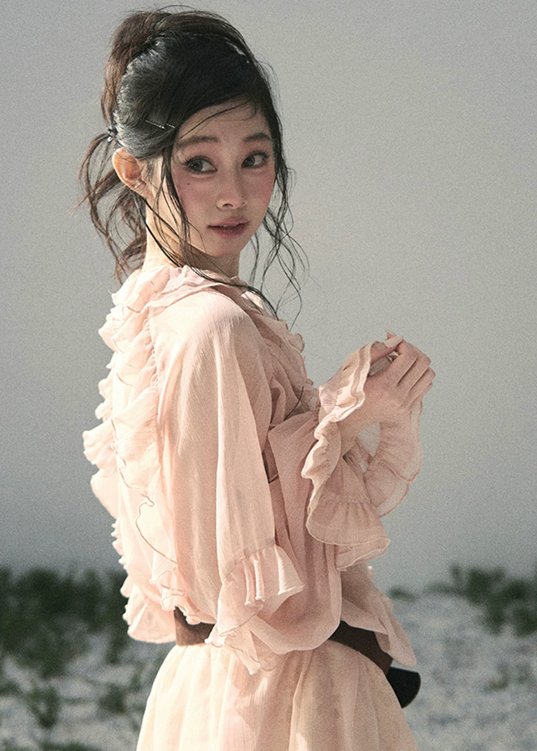 aomalm blouse, ruffle chiffon blouse, feminine korean top, french romantic blouse, pink lace blouse, sheer summer blouse, soft girl chiffon top, korean fashion blouse, sweet ruffle top, airy summer shirt, romantic vacation top, delicate lace blouse
