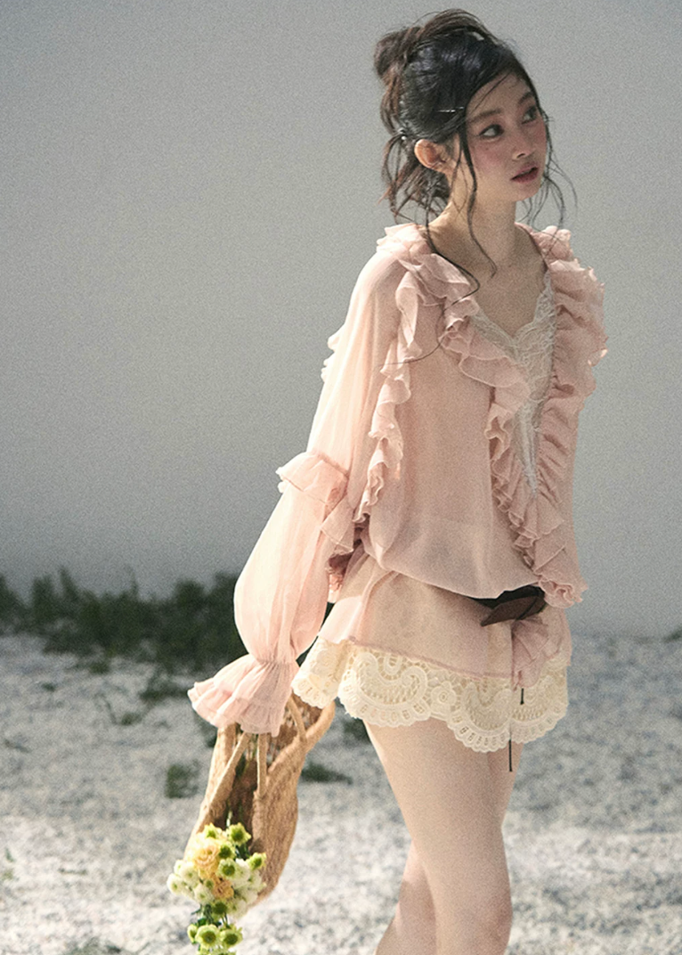 aomalm blouse, ruffle chiffon blouse, feminine korean top, french romantic blouse, pink lace blouse, sheer summer blouse, soft girl chiffon top, korean fashion blouse, sweet ruffle top, airy summer shirt, romantic vacation top, delicate lace blouse