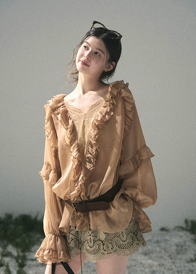 aomalm blouse, ruffle chiffon blouse, feminine korean top, french romantic blouse, pink lace blouse, sheer summer blouse, soft girl chiffon top, korean fashion blouse, sweet ruffle top, airy summer shirt, romantic vacation top, delicate lace blouse