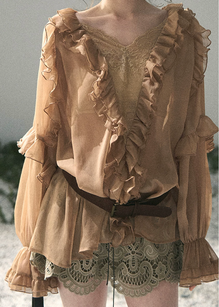 aomalm blouse, ruffle chiffon blouse, feminine korean top, french romantic blouse, pink lace blouse, sheer summer blouse, soft girl chiffon top, korean fashion blouse, sweet ruffle top, airy summer shirt, romantic vacation top, delicate lace blouse