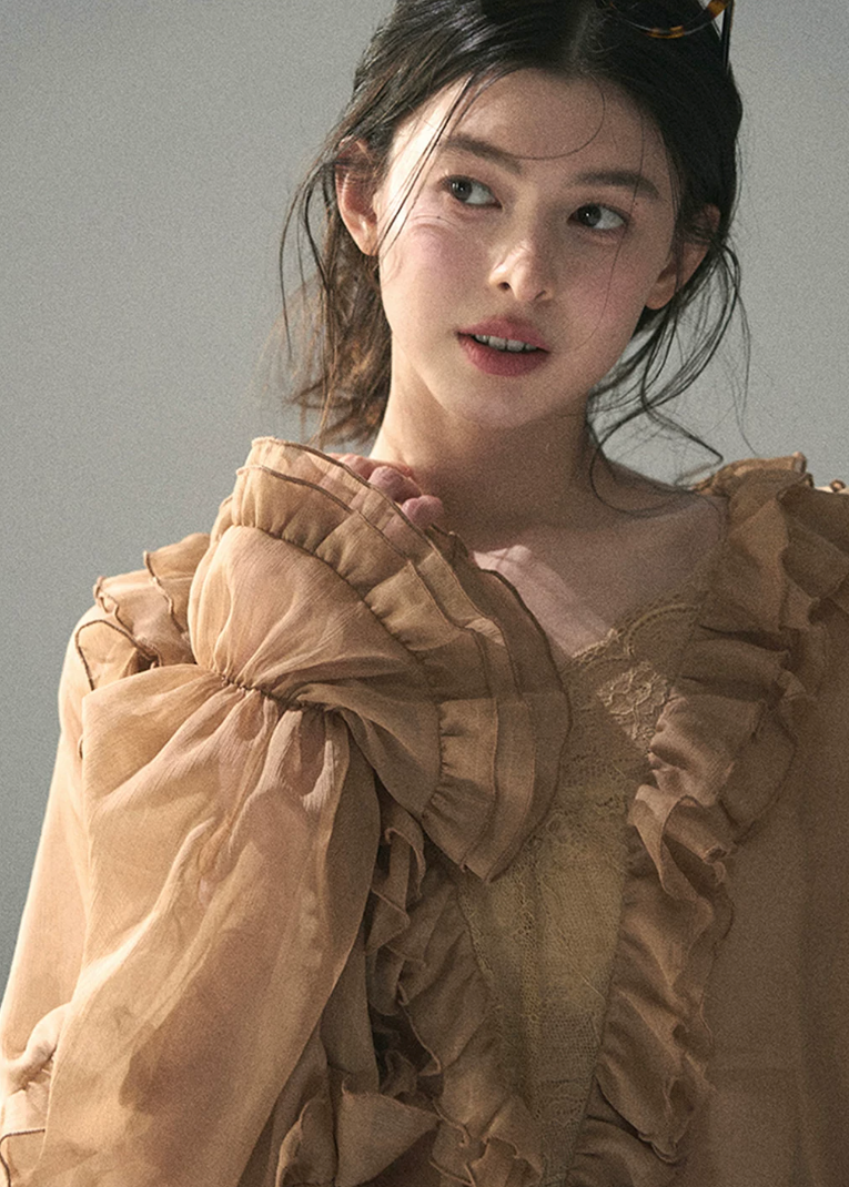 aomalm blouse, ruffle chiffon blouse, feminine korean top, french romantic blouse, pink lace blouse, sheer summer blouse, soft girl chiffon top, korean fashion blouse, sweet ruffle top, airy summer shirt, romantic vacation top, delicate lace blouse