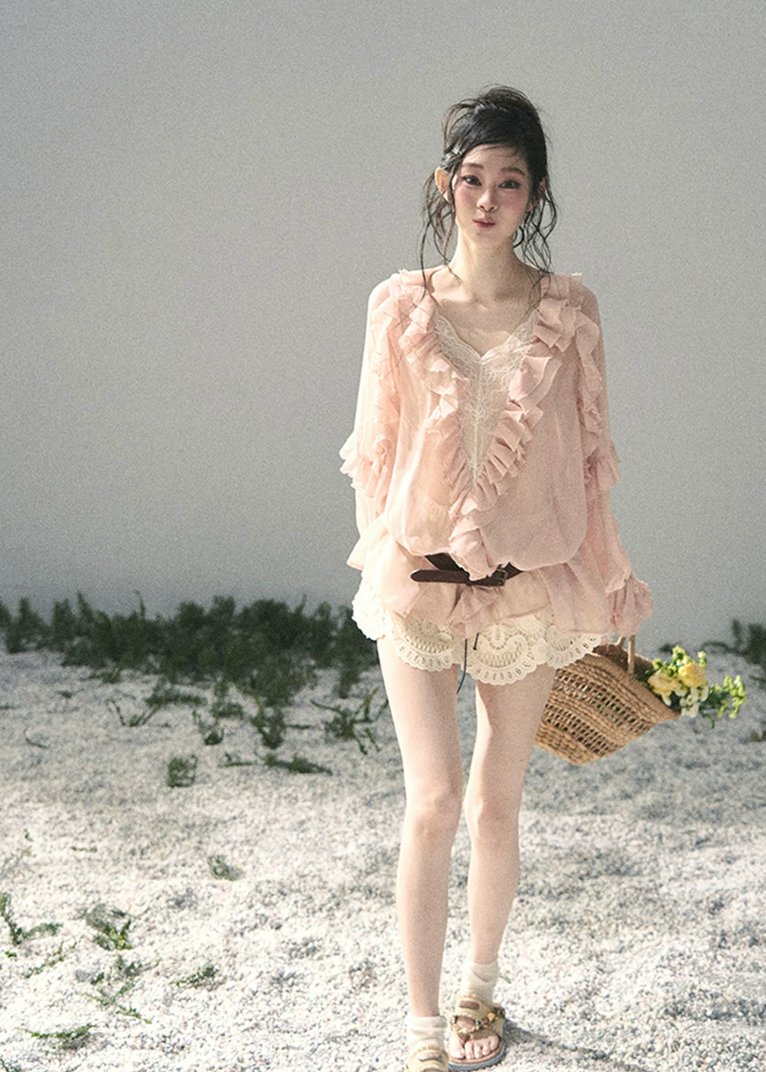aomalm blouse, ruffle chiffon blouse, feminine korean top, french romantic blouse, pink lace blouse, sheer summer blouse, soft girl chiffon top, korean fashion blouse, sweet ruffle top, airy summer shirt, romantic vacation top, delicate lace blouse