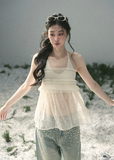 aomalm top, halter lace top, sheer layered top, feminine korean top, french lace summer top, two piece cami set, floral lace blouse, romantic summer top, lyocell halter cami, airy gauze top women, korean fashion blouse, delicate summer outfit