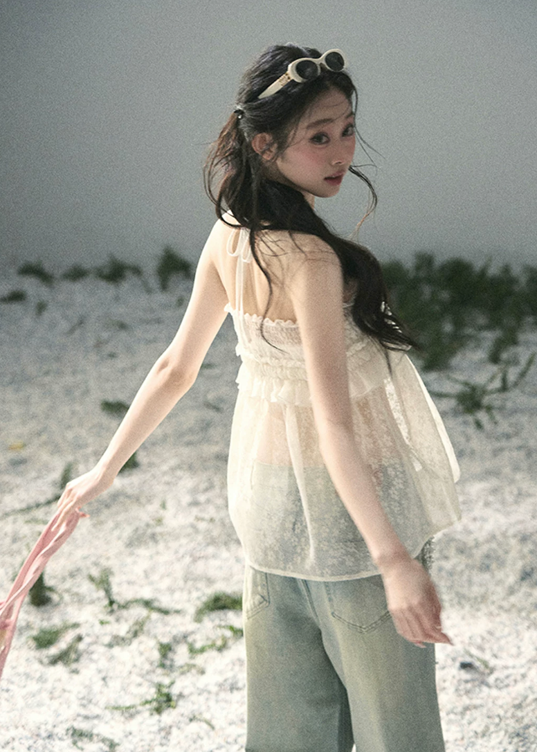 aomalm top, halter lace top, sheer layered top, feminine korean top, french lace summer top, two piece cami set, floral lace blouse, romantic summer top, lyocell halter cami, airy gauze top women, korean fashion blouse, delicate summer outfit