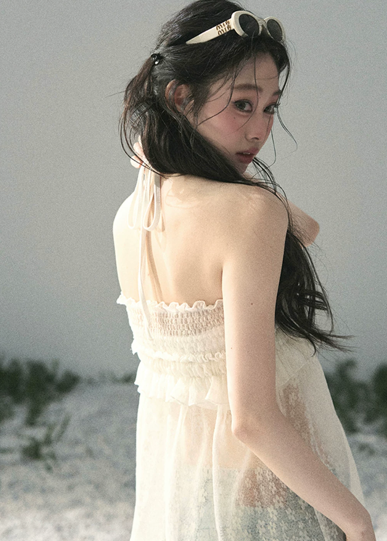 aomalm top, halter lace top, sheer layered top, feminine korean top, french lace summer top, two piece cami set, floral lace blouse, romantic summer top, lyocell halter cami, airy gauze top women, korean fashion blouse, delicate summer outfit