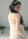 aomalm top, halter lace top, sheer layered top, feminine korean top, french lace summer top, two piece cami set, floral lace blouse, romantic summer top, lyocell halter cami, airy gauze top women, korean fashion blouse, delicate summer outfit