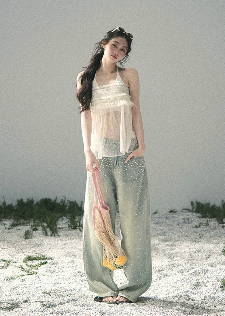 aomalm top, halter lace top, sheer layered top, feminine korean top, french lace summer top, two piece cami set, floral lace blouse, romantic summer top, lyocell halter cami, airy gauze top women, korean fashion blouse, delicate summer outfit