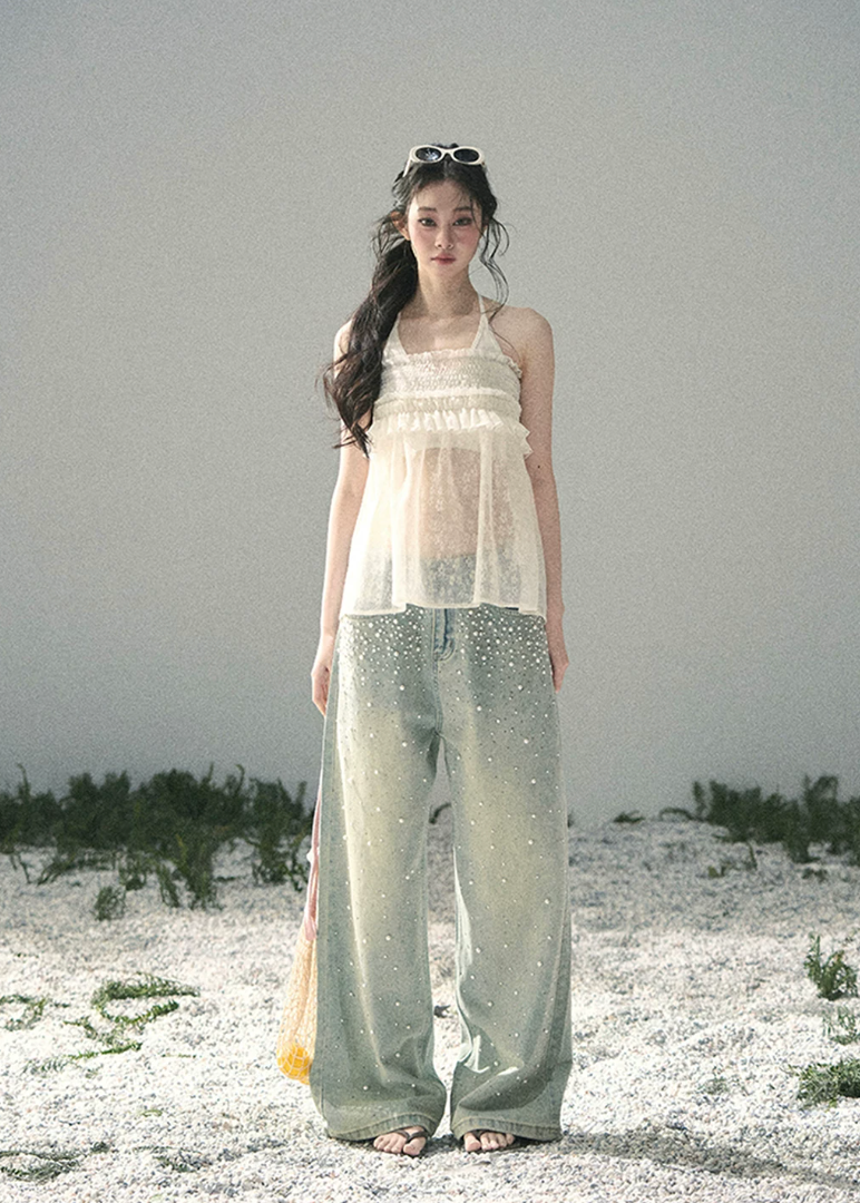 aomalm top, halter lace top, sheer layered top, feminine korean top, french lace summer top, two piece cami set, floral lace blouse, romantic summer top, lyocell halter cami, airy gauze top women, korean fashion blouse, delicate summer outfit