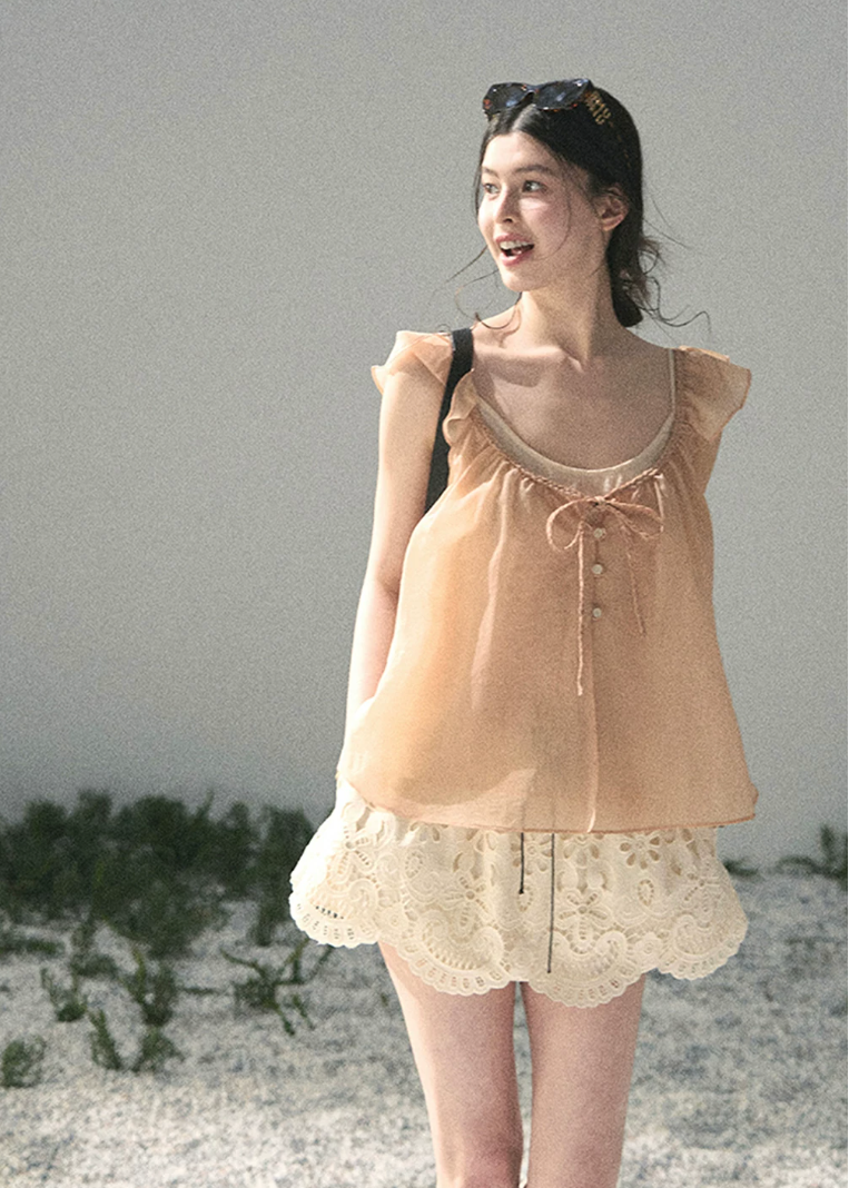 aomalm top, peach camisole top, flutter sleeve top, feminine korean top, layered summer top, two piece blouse women, acetate cotton top, tencel camisole, romantic summer blouse, korean fashion top, soft peach blouse, vacation outfit women, pretty summer top