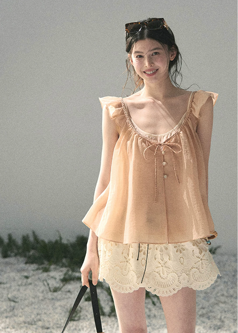 aomalm top, peach camisole top, flutter sleeve top, feminine korean top, layered summer top, two piece blouse women, acetate cotton top, tencel camisole, romantic summer blouse, korean fashion top, soft peach blouse, vacation outfit women, pretty summer top