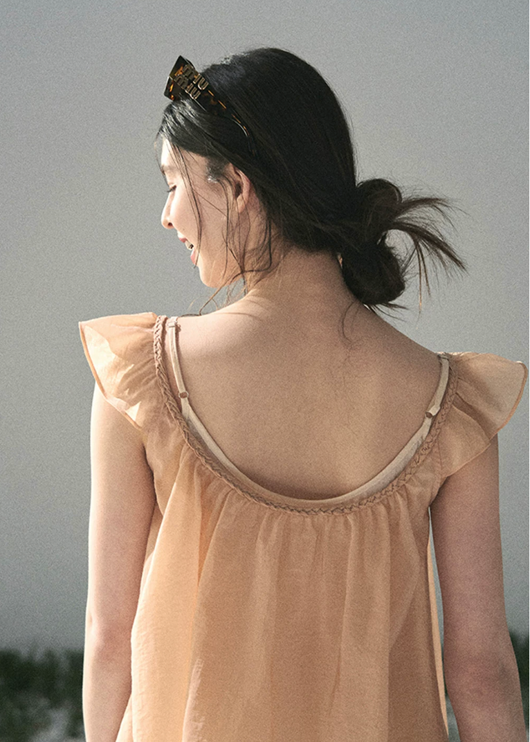 aomalm top, peach camisole top, flutter sleeve top, feminine korean top, layered summer top, two piece blouse women, acetate cotton top, tencel camisole, romantic summer blouse, korean fashion top, soft peach blouse, vacation outfit women, pretty summer top