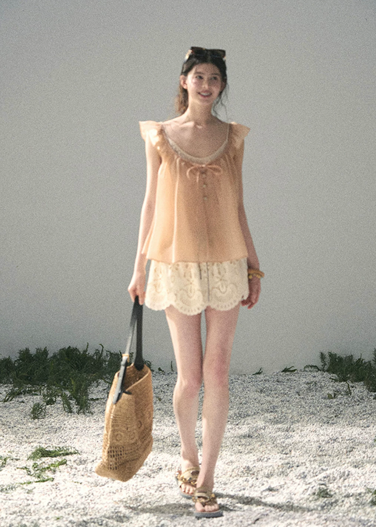 aomalm top, peach camisole top, flutter sleeve top, feminine korean top, layered summer top, two piece blouse women, acetate cotton top, tencel camisole, romantic summer blouse, korean fashion top, soft peach blouse, vacation outfit women, pretty summer top
