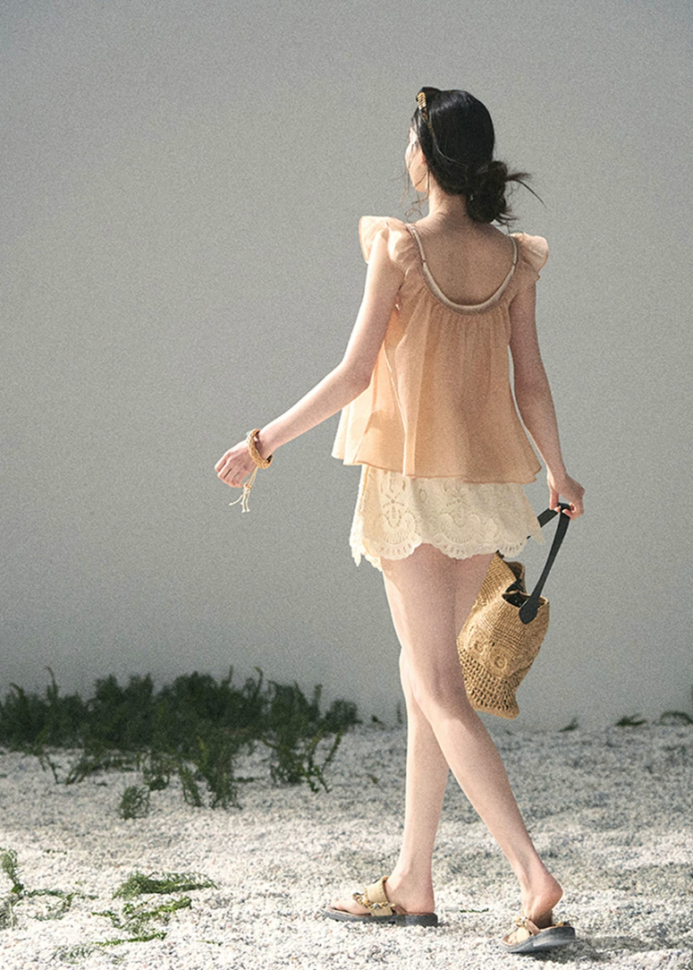 aomalm top, peach camisole top, flutter sleeve top, feminine korean top, layered summer top, two piece blouse women, acetate cotton top, tencel camisole, romantic summer blouse, korean fashion top, soft peach blouse, vacation outfit women, pretty summer top