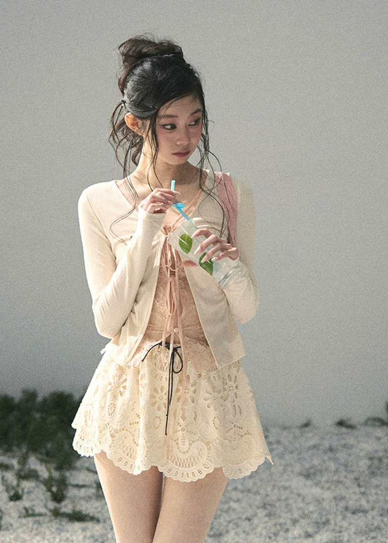 aomalm top, fake two piece top, lace layered top, korean fashion top, feminine spring top, cropped lace top, lyocell top women, romantic korean blouse, cut out layered top, long sleeve summer top, pretty everyday top, soft girl outfit top