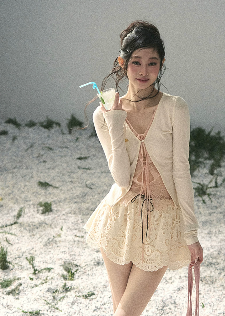 aomalm top, fake two piece top, lace layered top, korean fashion top, feminine spring top, cropped lace top, lyocell top women, romantic korean blouse, cut out layered top, long sleeve summer top, pretty everyday top, soft girl outfit top