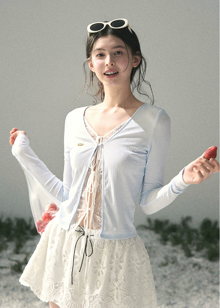 aomalm top, fake two piece top, lace layered top, korean fashion top, feminine spring top, cropped lace top, lyocell top women, romantic korean blouse, cut out layered top, long sleeve summer top, pretty everyday top, soft girl outfit top
