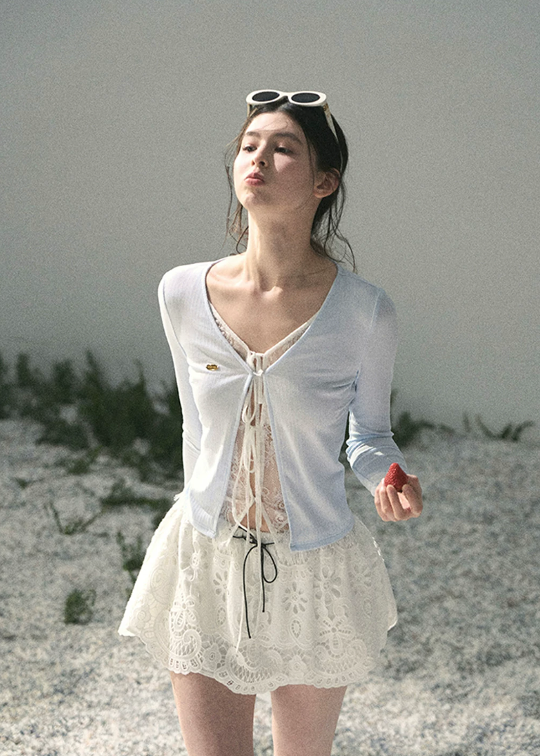 aomalm top, fake two piece top, lace layered top, korean fashion top, feminine spring top, cropped lace top, lyocell top women, romantic korean blouse, cut out layered top, long sleeve summer top, pretty everyday top, soft girl outfit top