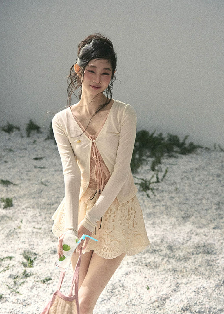 aomalm top, fake two piece top, lace layered top, korean fashion top, feminine spring top, cropped lace top, lyocell top women, romantic korean blouse, cut out layered top, long sleeve summer top, pretty everyday top, soft girl outfit top