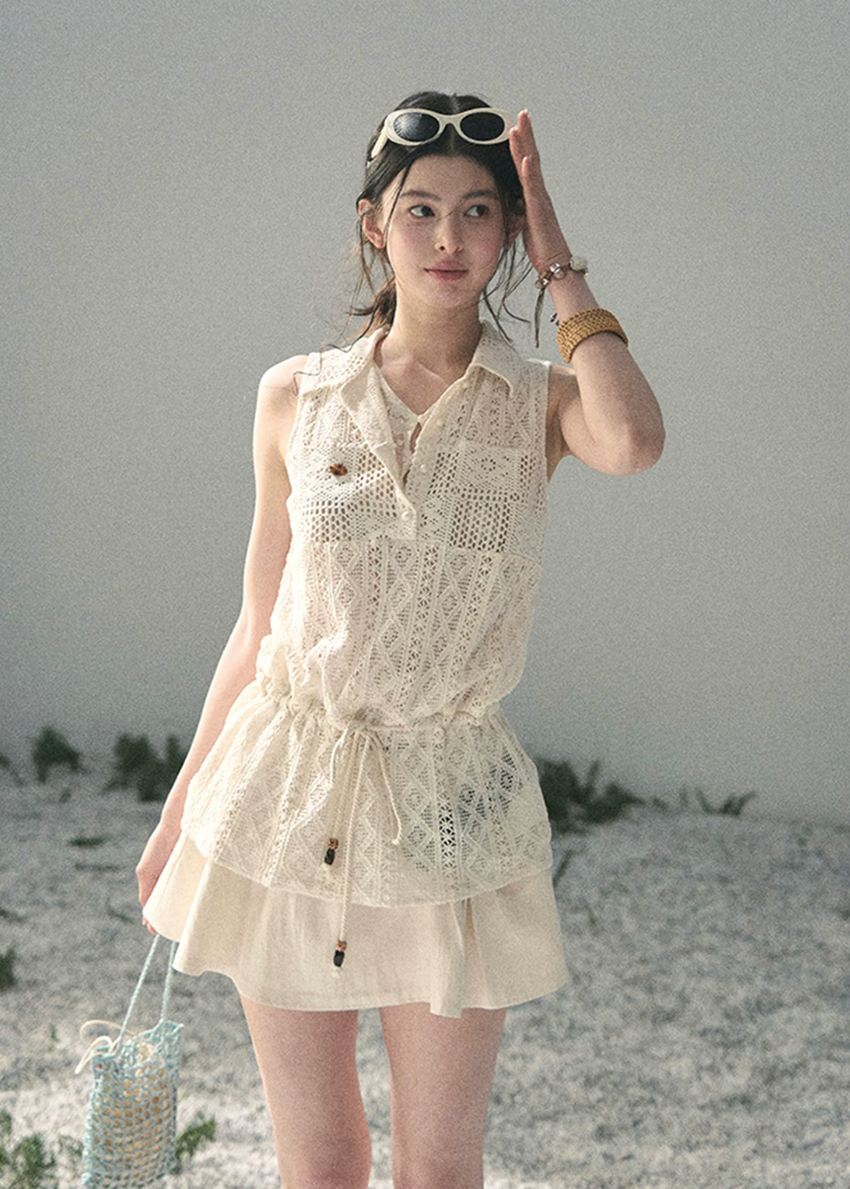 aomalm top, lace layered top, openwork summer top, feminine korean top, french lace blouse, drawstring waist top, sleeveless lace top, romantic summer blouse, korean fashion top, crochet style summer top, pretty vacation top, soft girl summer outfit