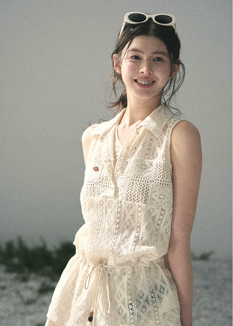 aomalm top, lace layered top, openwork summer top, feminine korean top, french lace blouse, drawstring waist top, sleeveless lace top, romantic summer blouse, korean fashion top, crochet style summer top, pretty vacation top, soft girl summer outfit
