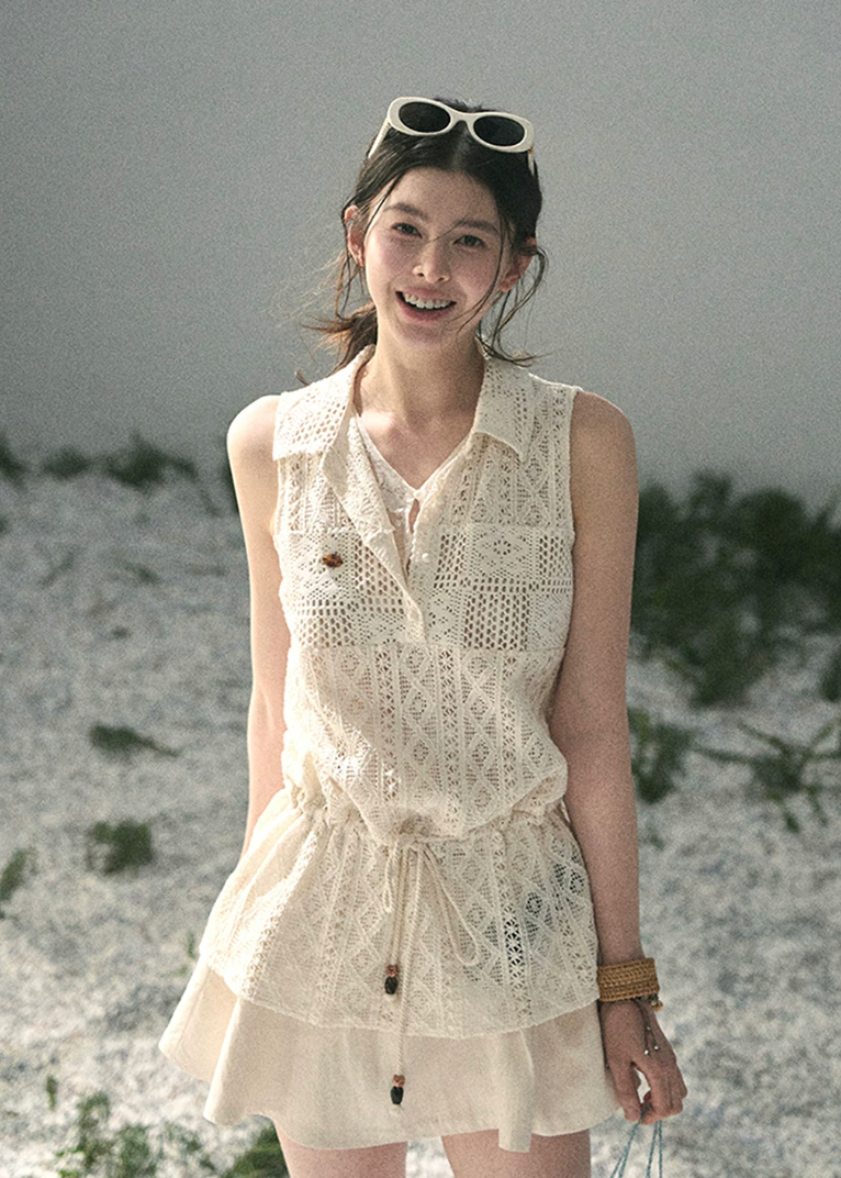 aomalm top, lace layered top, openwork summer top, feminine korean top, french lace blouse, drawstring waist top, sleeveless lace top, romantic summer blouse, korean fashion top, crochet style summer top, pretty vacation top, soft girl summer outfit