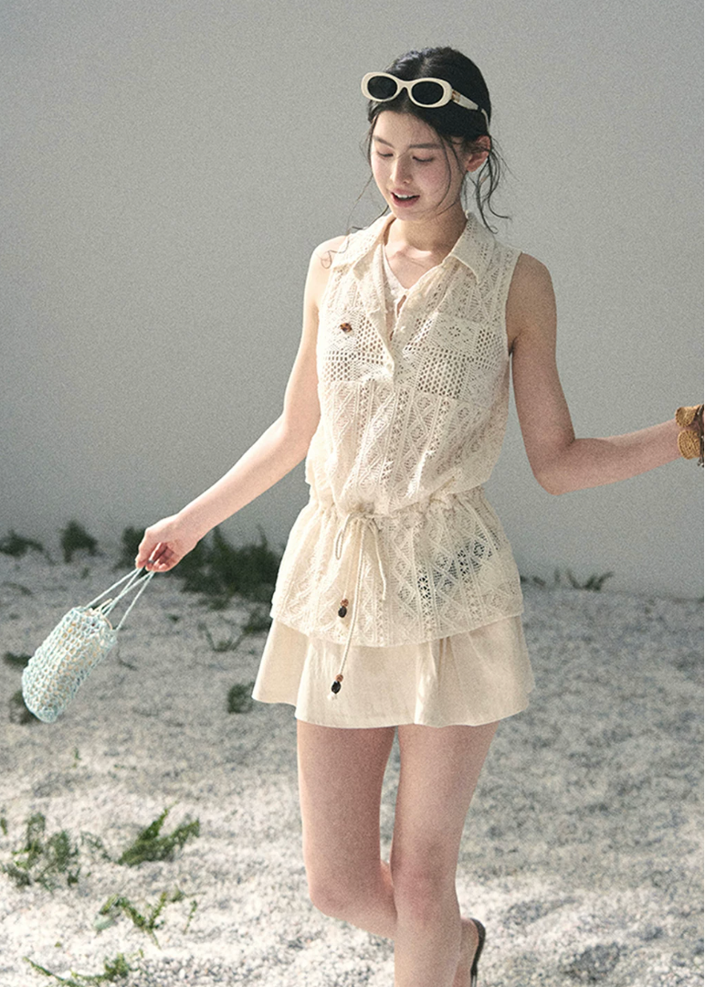 aomalm top, lace layered top, openwork summer top, feminine korean top, french lace blouse, drawstring waist top, sleeveless lace top, romantic summer blouse, korean fashion top, crochet style summer top, pretty vacation top, soft girl summer outfit