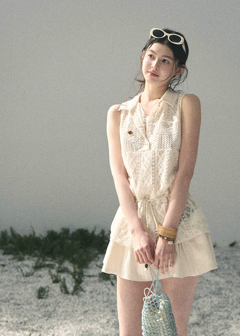aomalm top, lace layered top, openwork summer top, feminine korean top, french lace blouse, drawstring waist top, sleeveless lace top, romantic summer blouse, korean fashion top, crochet style summer top, pretty vacation top, soft girl summer outfit
