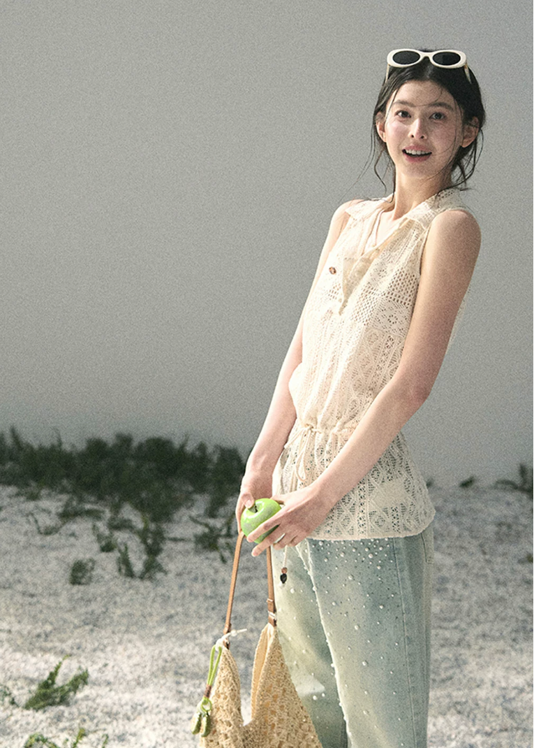 aomalm top, lace layered top, openwork summer top, feminine korean top, french lace blouse, drawstring waist top, sleeveless lace top, romantic summer blouse, korean fashion top, crochet style summer top, pretty vacation top, soft girl summer outfit