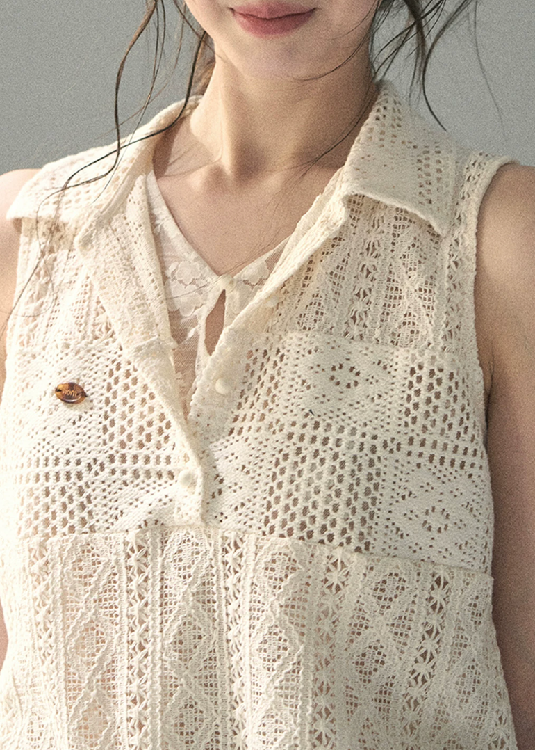 aomalm top, lace layered top, openwork summer top, feminine korean top, french lace blouse, drawstring waist top, sleeveless lace top, romantic summer blouse, korean fashion top, crochet style summer top, pretty vacation top, soft girl summer outfit
