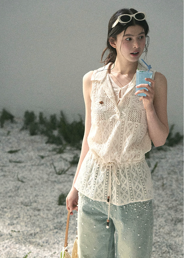aomalm top, lace layered top, openwork summer top, feminine korean top, french lace blouse, drawstring waist top, sleeveless lace top, romantic summer blouse, korean fashion top, crochet style summer top, pretty vacation top, soft girl summer outfit