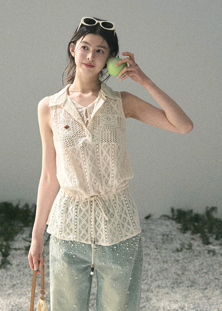aomalm top, lace layered top, openwork summer top, feminine korean top, french lace blouse, drawstring waist top, sleeveless lace top, romantic summer blouse, korean fashion top, crochet style summer top, pretty vacation top, soft girl summer outfit