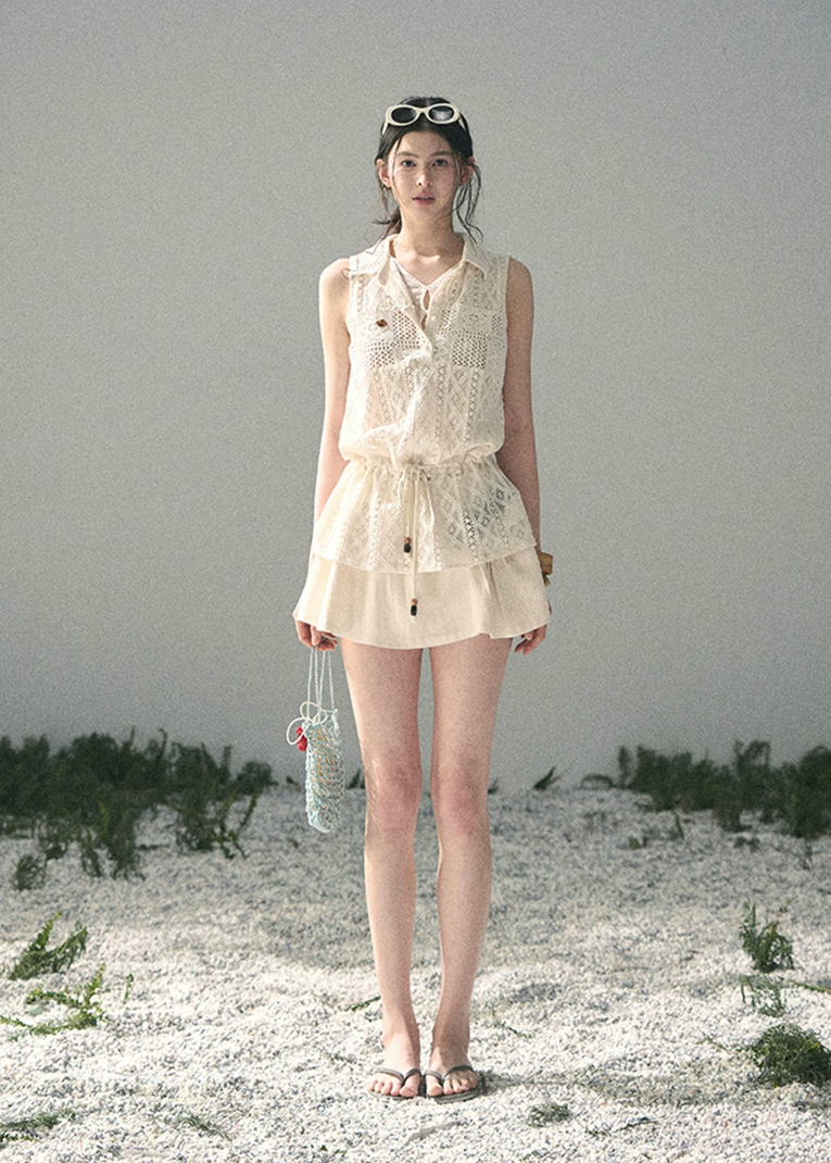 aomalm top, lace layered top, openwork summer top, feminine korean top, french lace blouse, drawstring waist top, sleeveless lace top, romantic summer blouse, korean fashion top, crochet style summer top, pretty vacation top, soft girl summer outfit