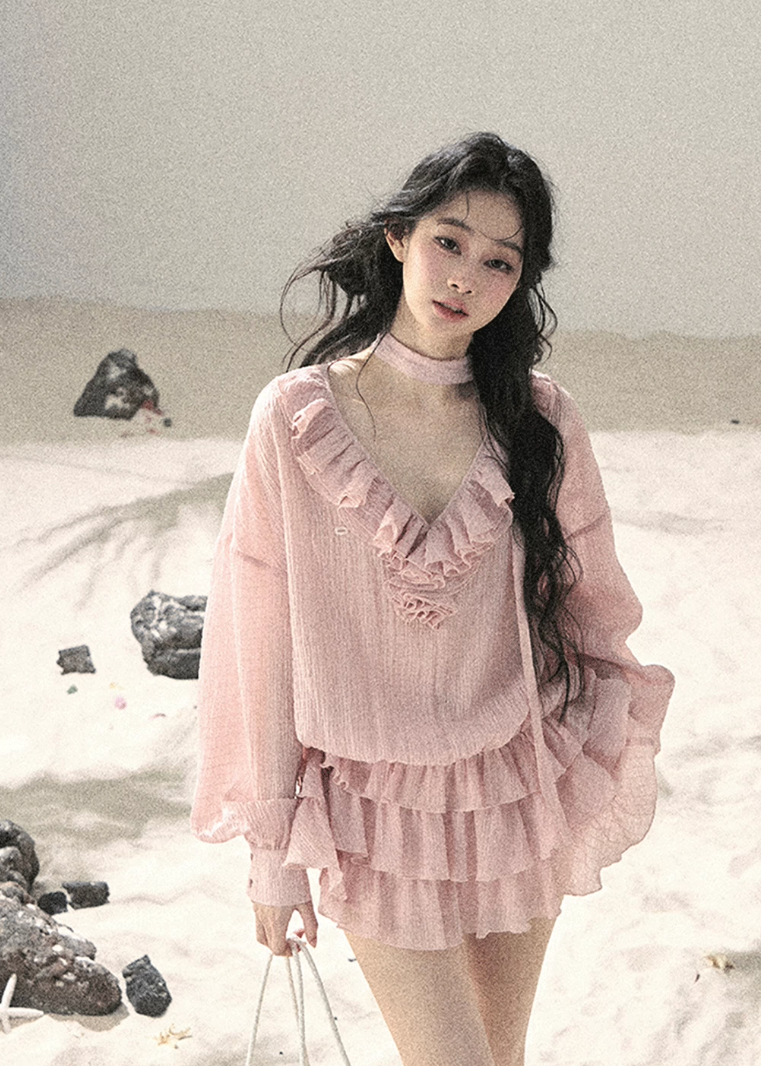 aomalm dress, ruffle mini dress, pink chiffon dress, feminine korean dress, romantic summer dress, layered mini dress, korean fashion dress, soft girl dress, vacation dress women, summer date outfit, blush ruffle dress, french romantic dress