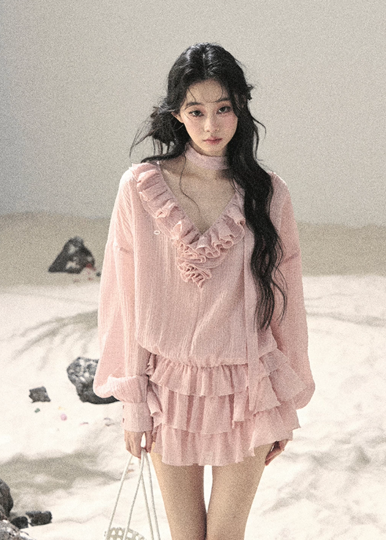 aomalm dress, ruffle mini dress, pink chiffon dress, feminine korean dress, romantic summer dress, layered mini dress, korean fashion dress, soft girl dress, vacation dress women, summer date outfit, blush ruffle dress, french romantic dress