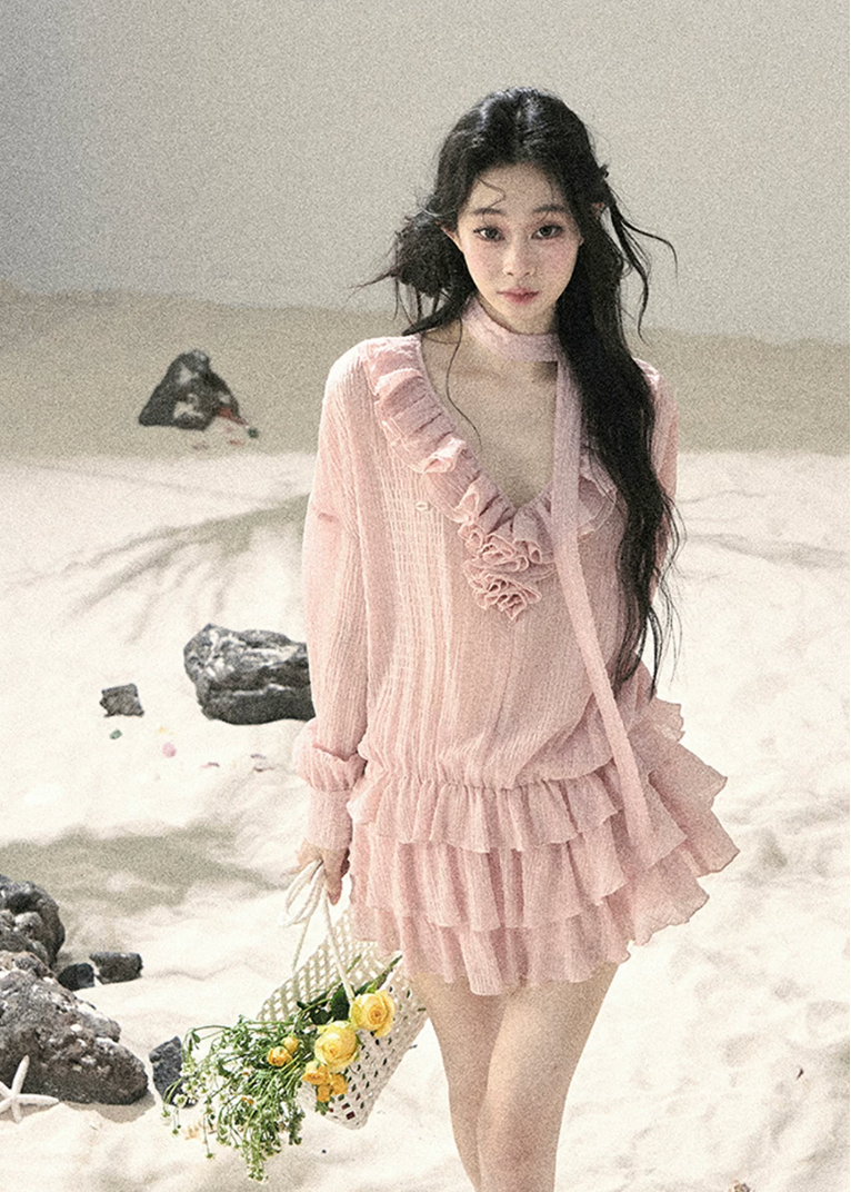 aomalm dress, ruffle mini dress, pink chiffon dress, feminine korean dress, romantic summer dress, layered mini dress, korean fashion dress, soft girl dress, vacation dress women, summer date outfit, blush ruffle dress, french romantic dress